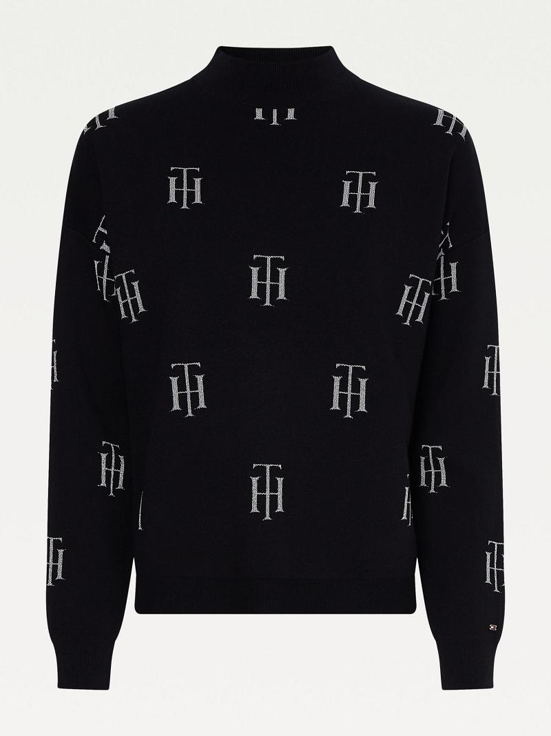 Női Tommy Hilfiger Monogram Mock Neck Pulóverek Fekete | HU 359KOR